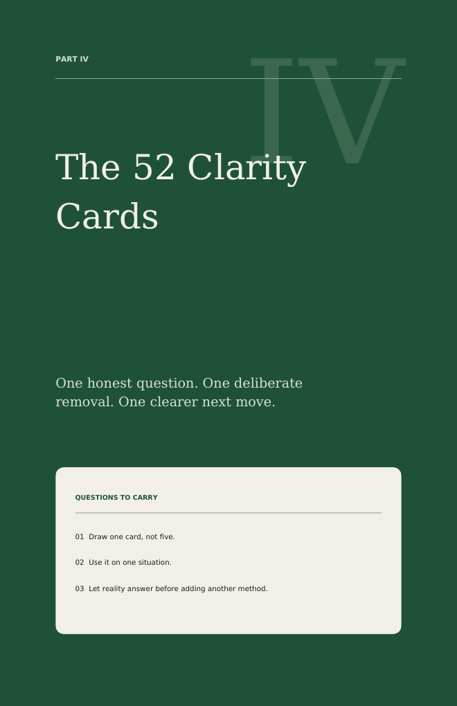 A green interior page introducing the 52 Clarity Cards