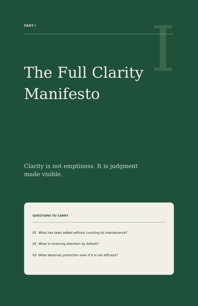 A green interior page introducing the Full Clarity Manifesto